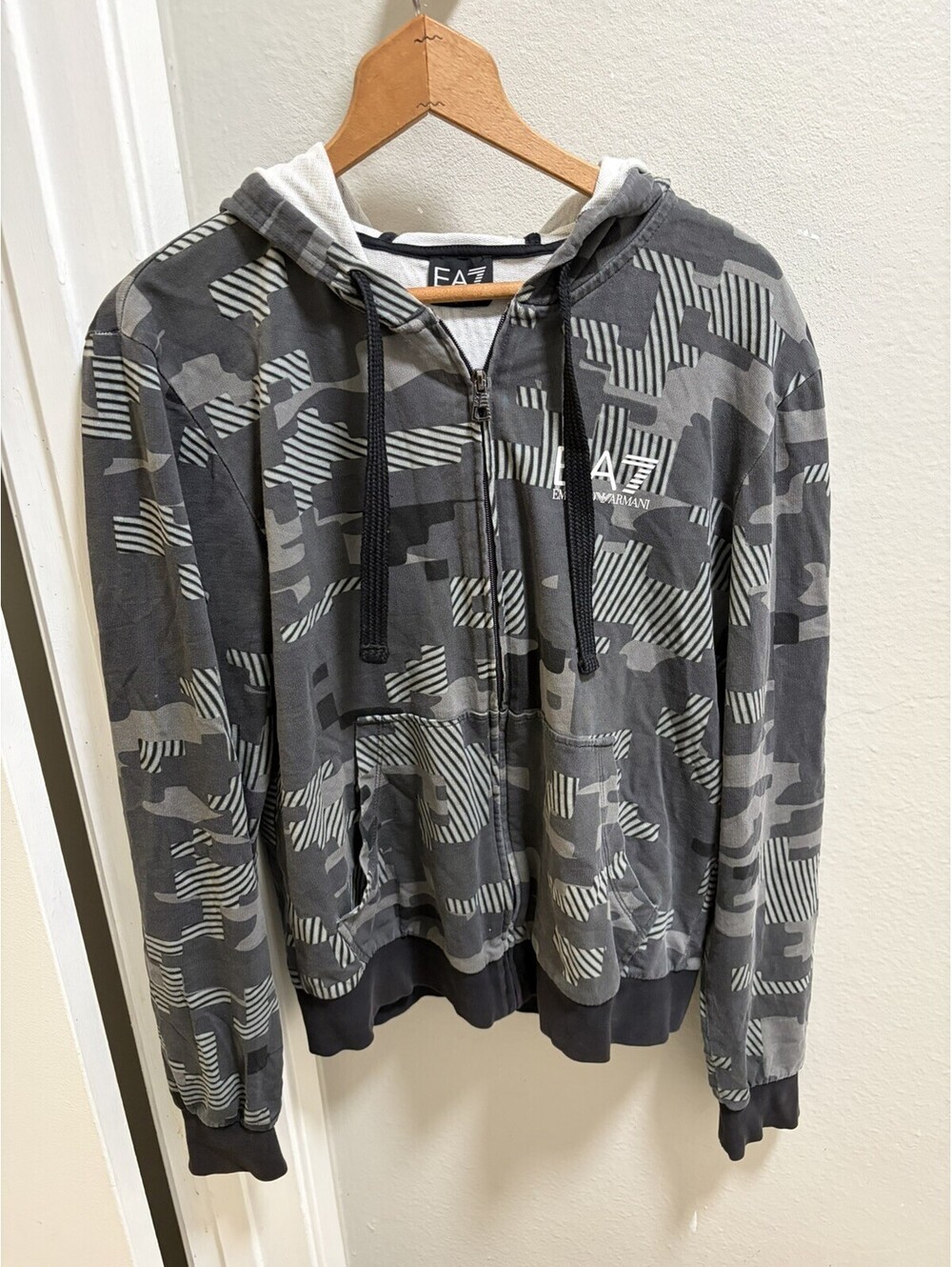 Y2K VTG Emporio Armani EA7 Grey AOP Print Hoodie Sz L Zip Up